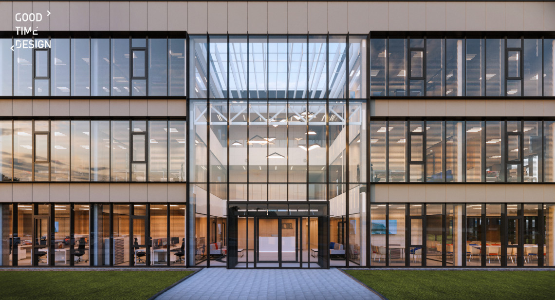 Budynek biurowo-przemysłowy dla firmy Model Opakowania: pionowe podziały na fasadzie, proj. Good Time Design, fot. mat. prasowe