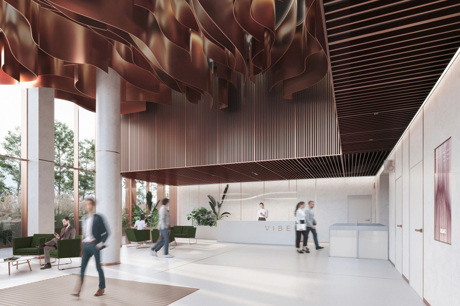 Tak będzie wygladało lobby biurowca Vibe, fot. Ghelamco