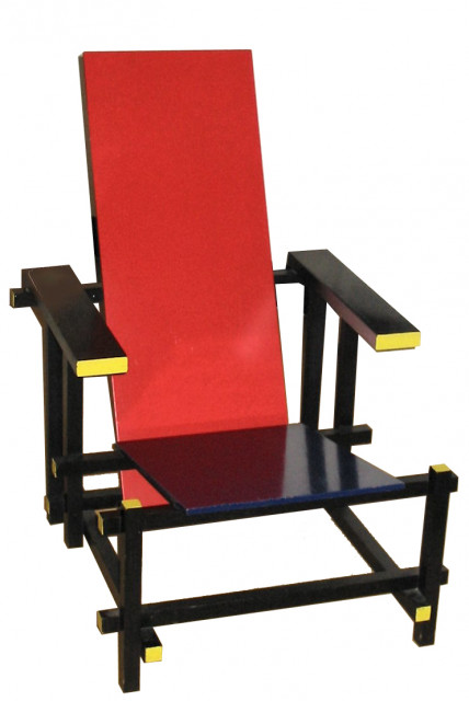 Czerwono-niebieskie krzesło projektu Gerrita Rietvelda, fot Gerrit Rietveld, domena publiczna, via Wikimedia Commons